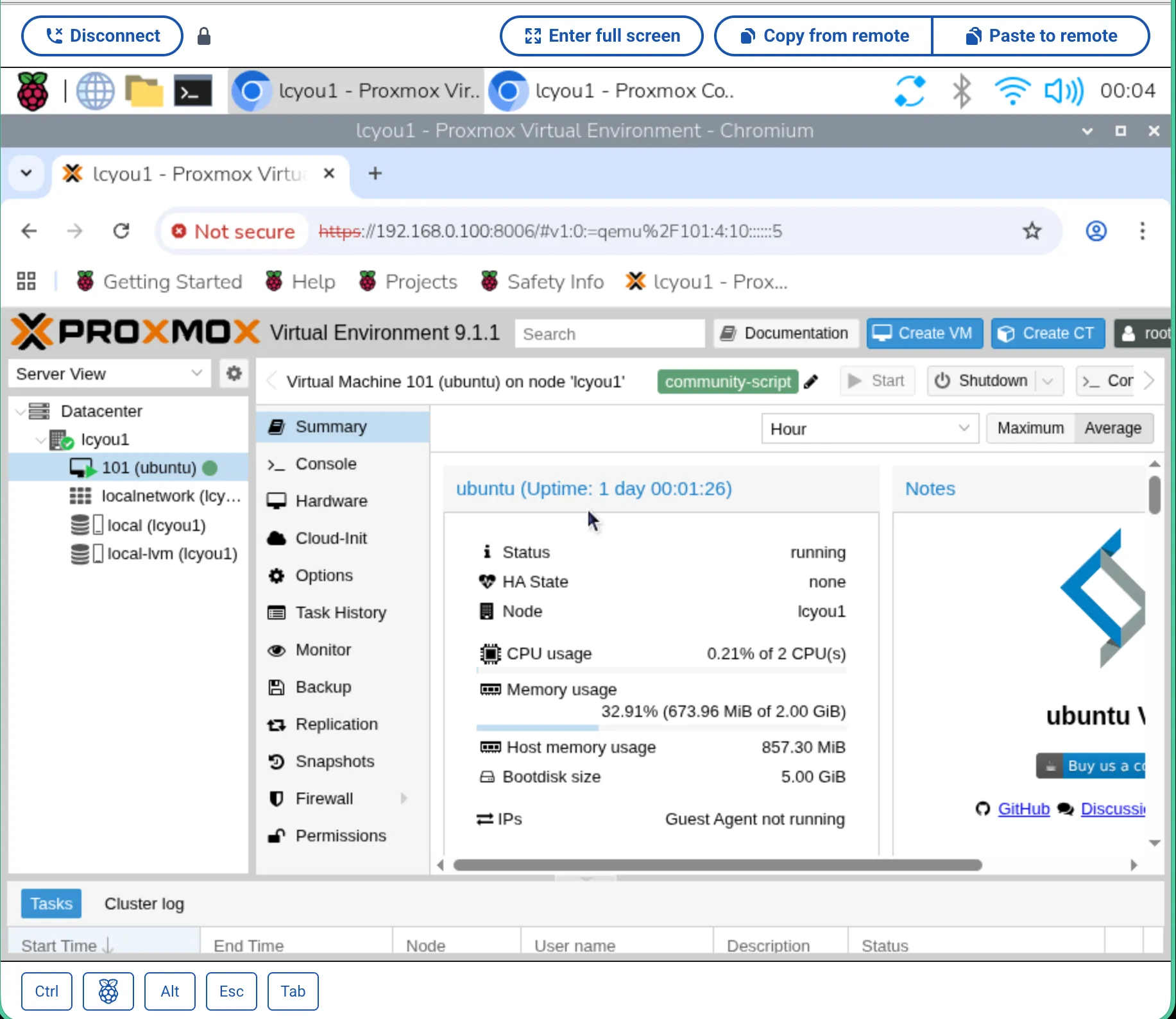 proxmox dashboard via raspberry pi connect